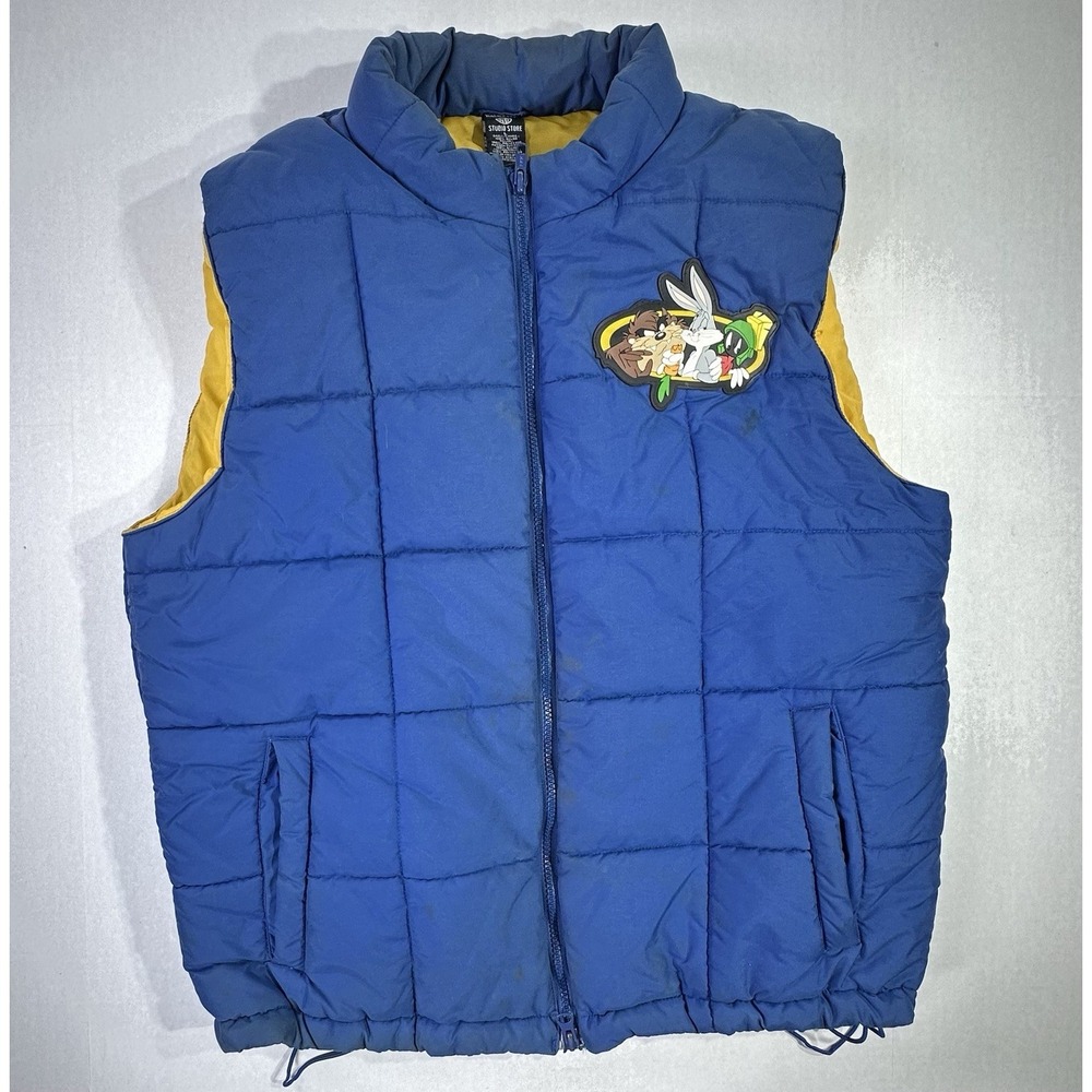 Vintage Looney Tunes WB Studio Puffer Vest Blue Yellow Large Bugs Bunny Taz Marv